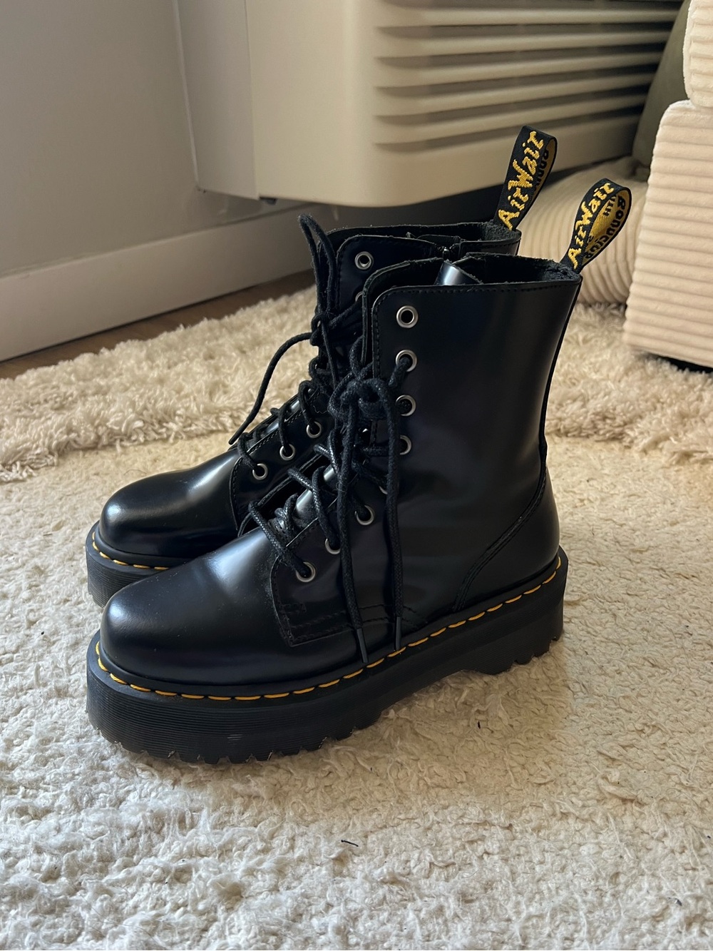 Dr. Martens JADON Black Lace-Up Platform Boots with Yellow Stitching
